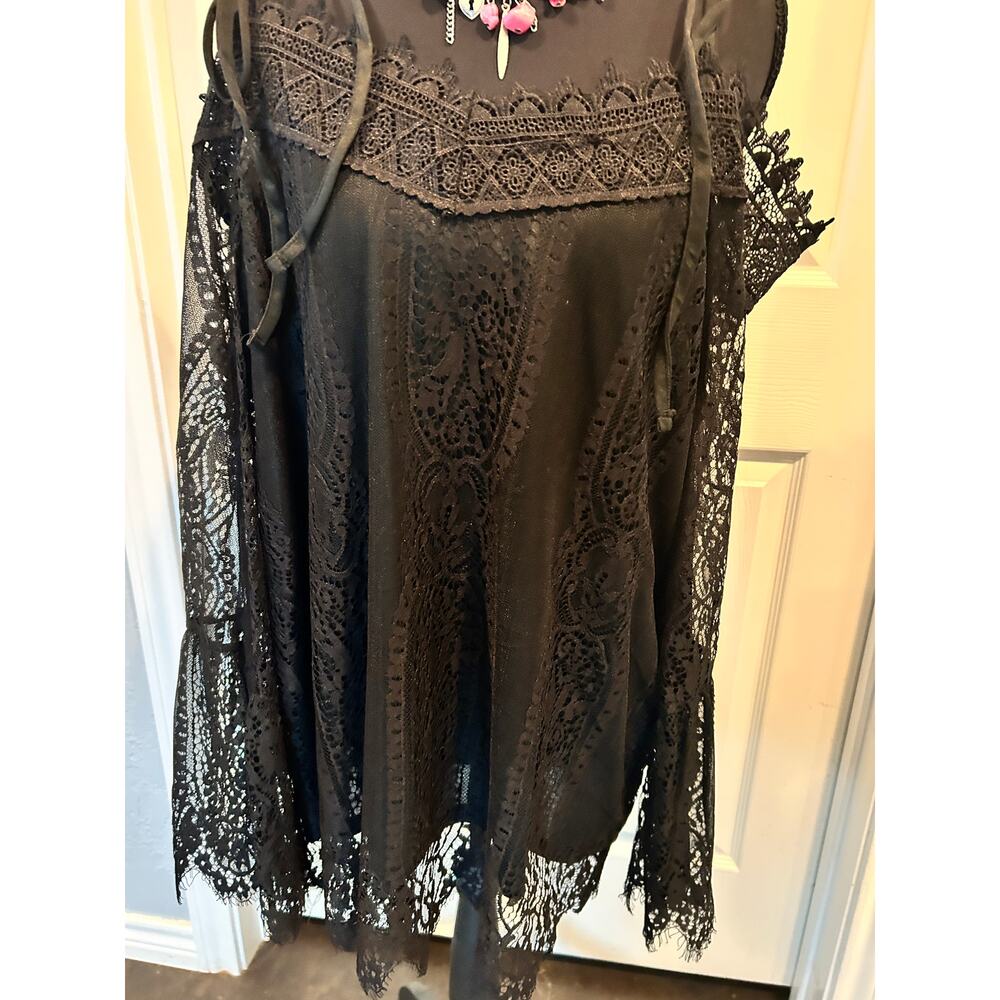 NWOT Rain Black Lace Boho Tunic Top / Dress - XL - Bell Sleeves
